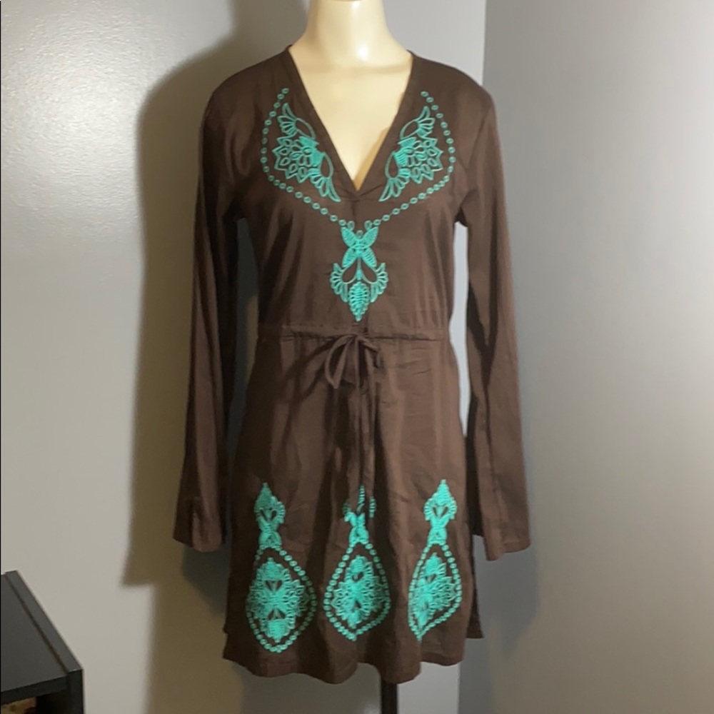 ATHLETA Brown Embroidered Tunic Dress- thin cotton for summer